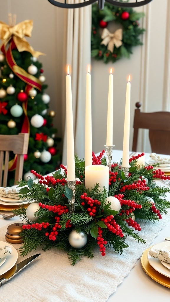A festive Christmas table centerpiece with greenery, berries, and candles, set on a holiday-themed table.